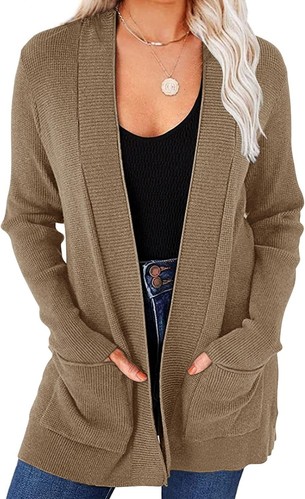 Womens Open Front Waffle Knit Cardigan Long Sleeve Cozy Knit Sweaters with Pocke