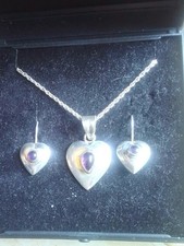 Vintage Sterling Silver Necklace/Earring Set Cabochon Amethyst Heart 925, 8.86g