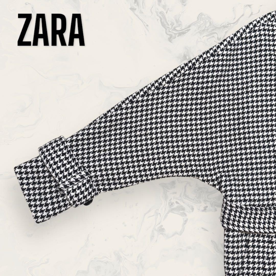 ZARA Wool Blend Houndstooth Long Coat Belted Women L 120cm Very Good thumbnail 4