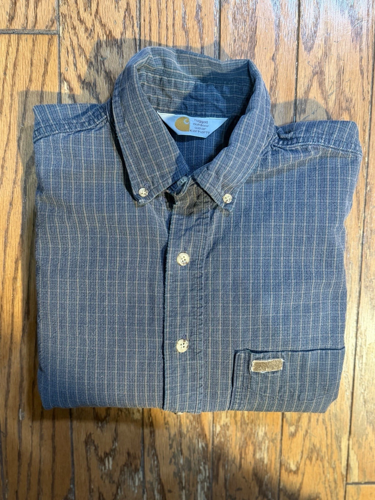 Carhartt Plaid Button Down Shirt M Blue Tan Long Sleeve Vtg Rugged Grunge 90s