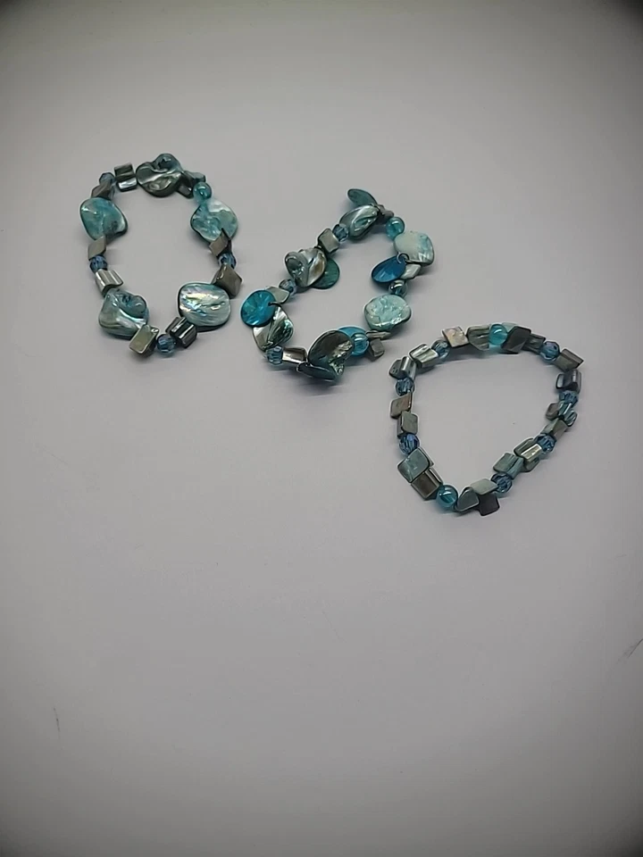 Pulsera Brazalete Vintage Cuentas Concha Azul Iridiscente Lote de 3 Joyería Disfraz Foto 3 de 4