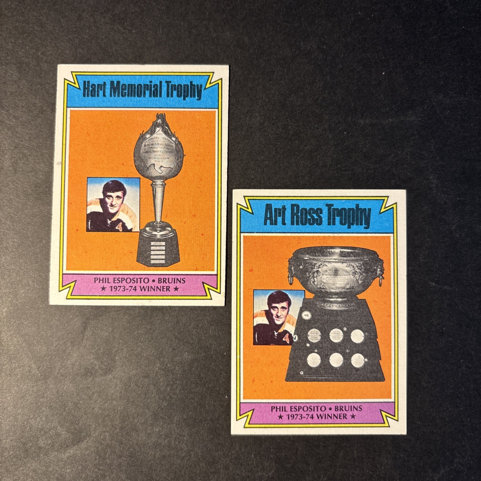 (2) 1974-75 Topps Phil Esposito Bruins: Art Ross & Hart Trophy Winner