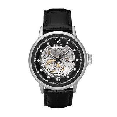 Relic ZR77224 Men Black Leather Skeleton Dial Automatic Genuine