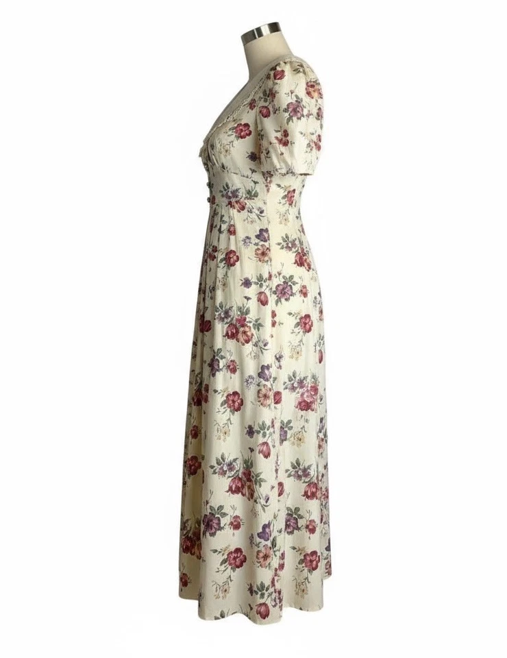 Maxi Vestido Floral Vintage Manga Corta Cuello Encaje Modesto Cottagecore Pequeño Foto 3 de 4