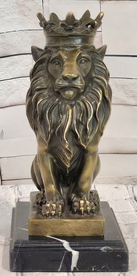 Majestic Bronze Lion with Crown Sculpture Milo Signed Fine Art Collectible Statu