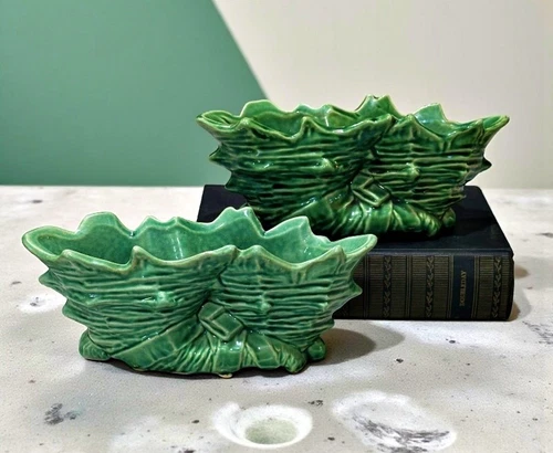 McCoy Green Double Cornucopia Planters Set of 2 Mid Century Vintage Unmarked