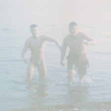 Affectionate Handsome Young Men Shirtless Muscular Bulge Gay Embrace Hug Photo