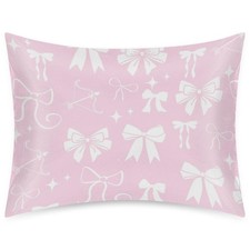 Pink Bow Satin Pillowcase, Cute Silk Pillowcase with Zipper, Cooling Satin Pi...