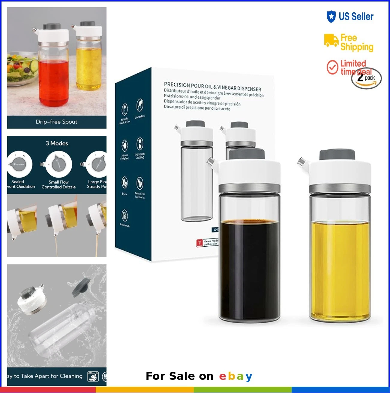 Glass Oil Dispenser Bottle Set 2 Pack 12 oz Drip-Free Spout Precision Pour 3