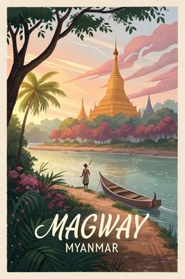 Exotisches Magway Myanmar Reise Poster - Lebendige traditionelle Pagode Kunstdruck A1-A4