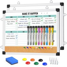 Weekly Calendar Whiteboard and Cork Board Combo for Wall, 17"x13" Reversible ...