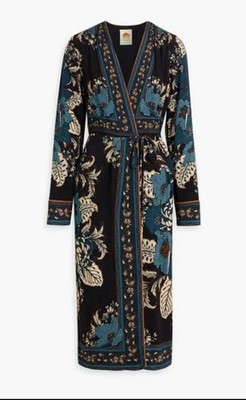 Farm Rio Long Floral Wrap Dress in Teal and Black Size Medium ** Fits Small US 4