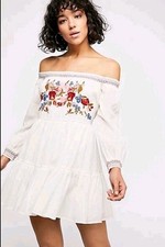 Free People Floral Embroidered Tiered Tunic Boho Ivory Sunbeams Mini Dress S/P