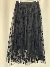 Black Floral Tulle Embroidered Mesh Whimsigoth Midi Lined Skirt-Sz Med