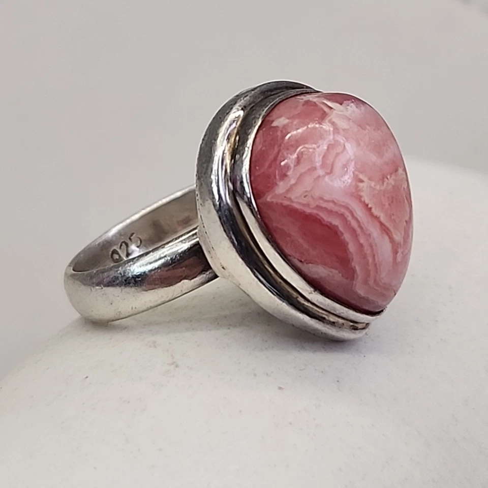 石戒指 粉色 Rhodochrosite 925 纯银 6 手工制作 — 第 3/4 张图片
