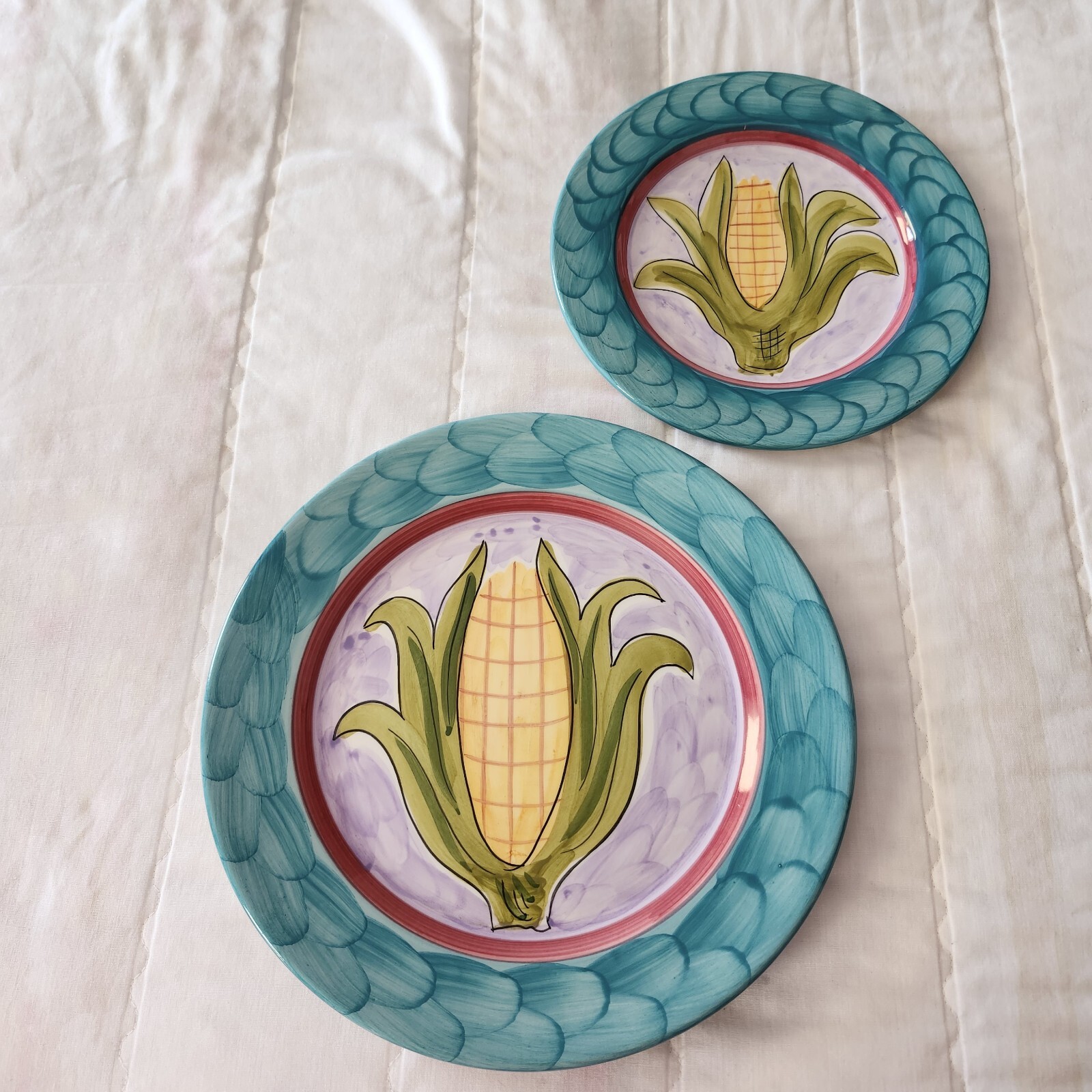 Vintage RB Alcobaca Made in Portugal Handpainted Dinner Salad Plate Set Corn
