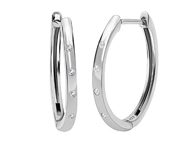 Folheado a Ródio Hoop Brincos de Moda de Pedra