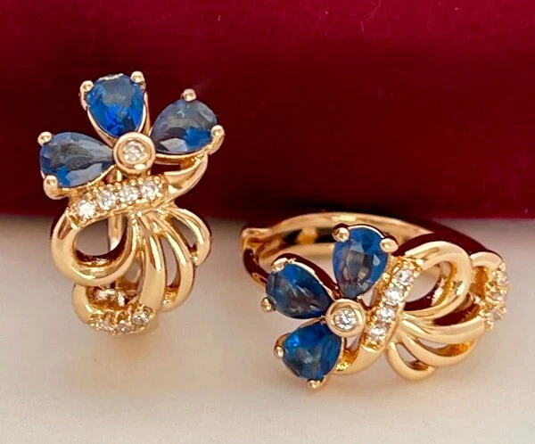 Luxus Ohrringe Creole Zirkon Kristall Blume Blau 750er Rolled Gold 18K vergoldet - Bild 4 von 4