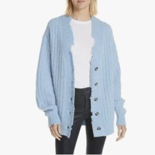Helmut Lang Minimalist Indi Shaggy Garage Sweater Distressed Cardigan Med Blue