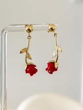 14K SOLID Gold Red Rose, Flower Earrings, 1 inch Dangle, Plants 585 Yellow Gold