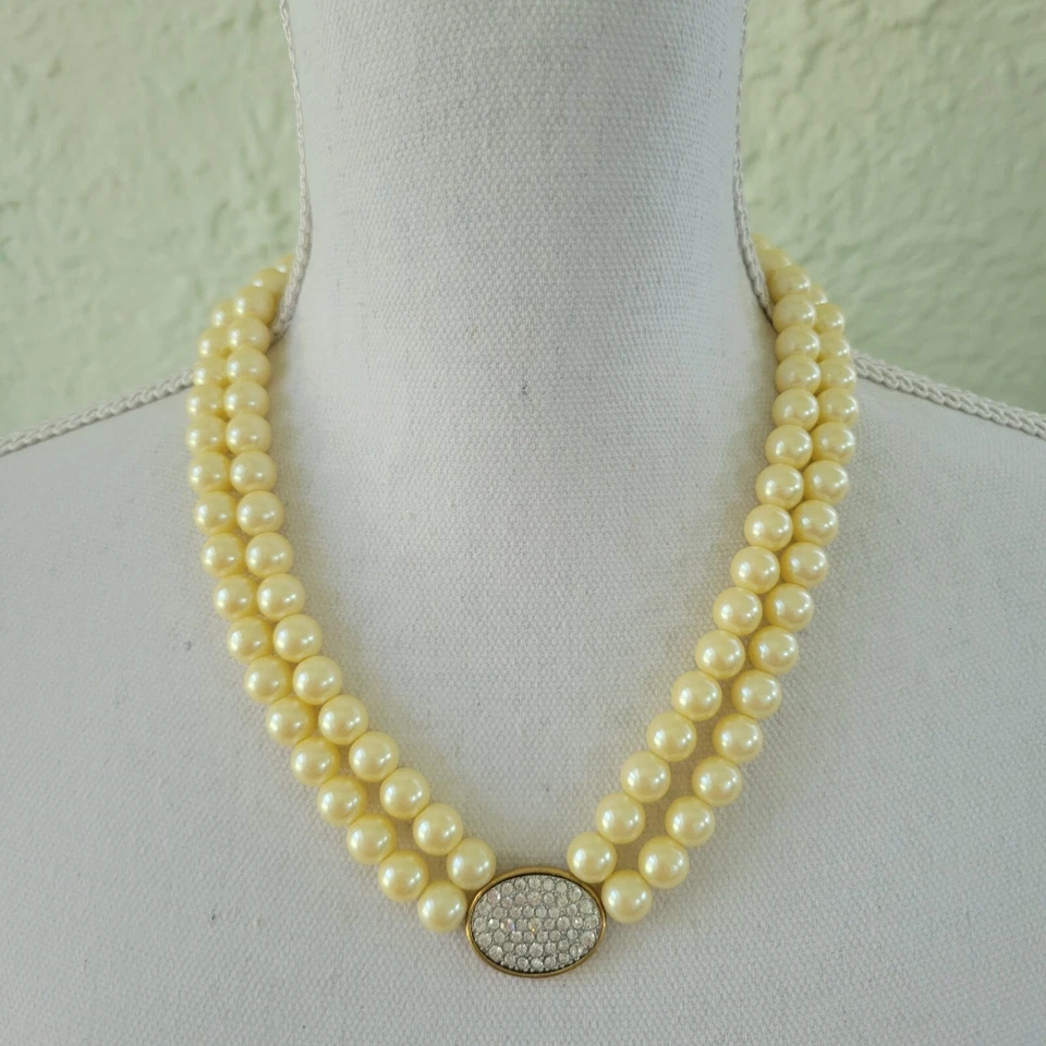 Collar Avon Vintage Doble Hilo Amarillo Imitación Perla Estrás 20" Foto 3 de 4