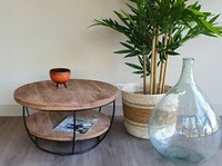 Design Couchtisch Massiv Mangoholz Metall Evan Schwarz Rund Beistelltisch 65X35
