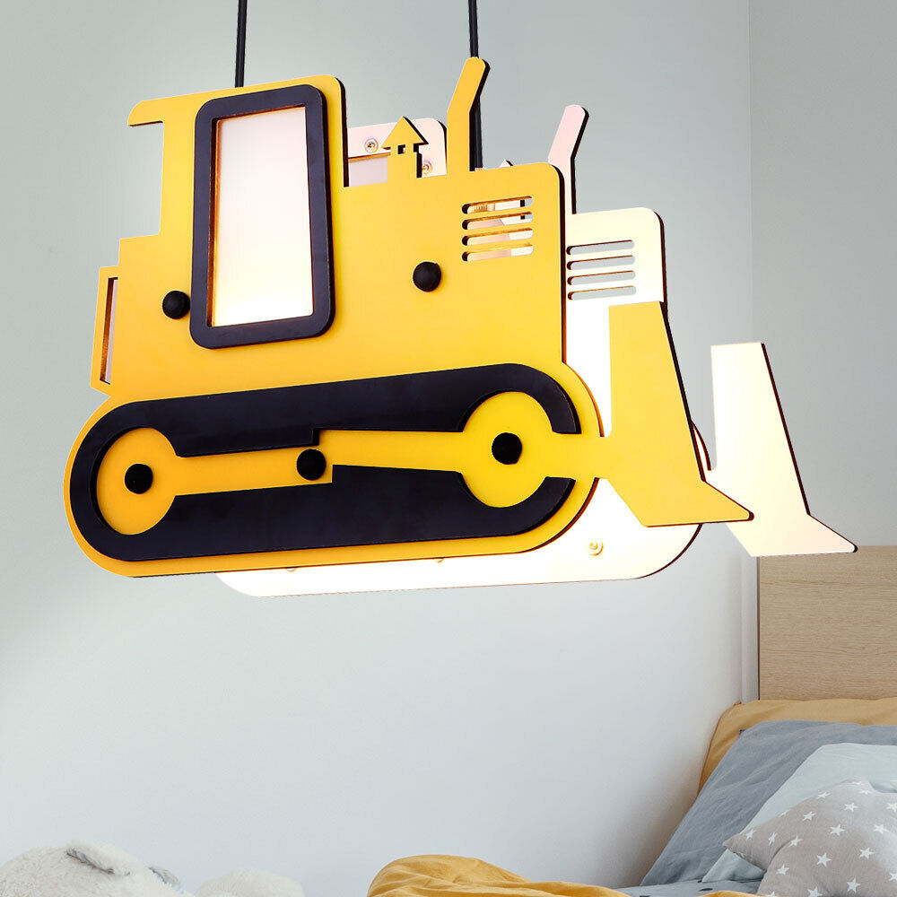 Kinderzimmerleuchte Kinderlampe Hängelampe Schubraupe Holz gelb schwarz H 120cm