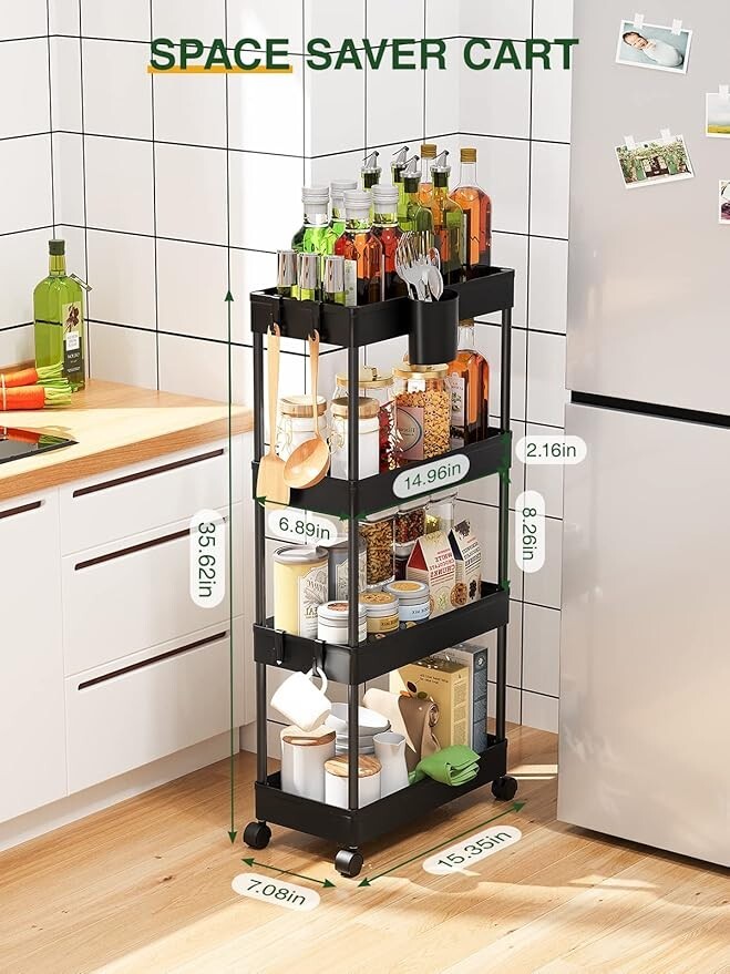 Carrito Organizador Con Ruedas 4 Niveles - 29.5x19.5x95 Cm, Plástico PP, Móvil Y Práctico