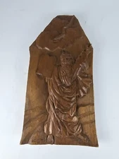Hand-Carved Moses Wood Relief Rustic Biblical Wall Art Signed Religious Carving