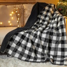 Reverse Sherpa Throw Blanket, Black plaid, Standard Throw 50" x 60" DEARFOAMS