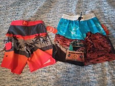 2 Boys New 6-7 Swim Trunks Board Shorts Lined Pockets Wonder Nation Dinos Palms