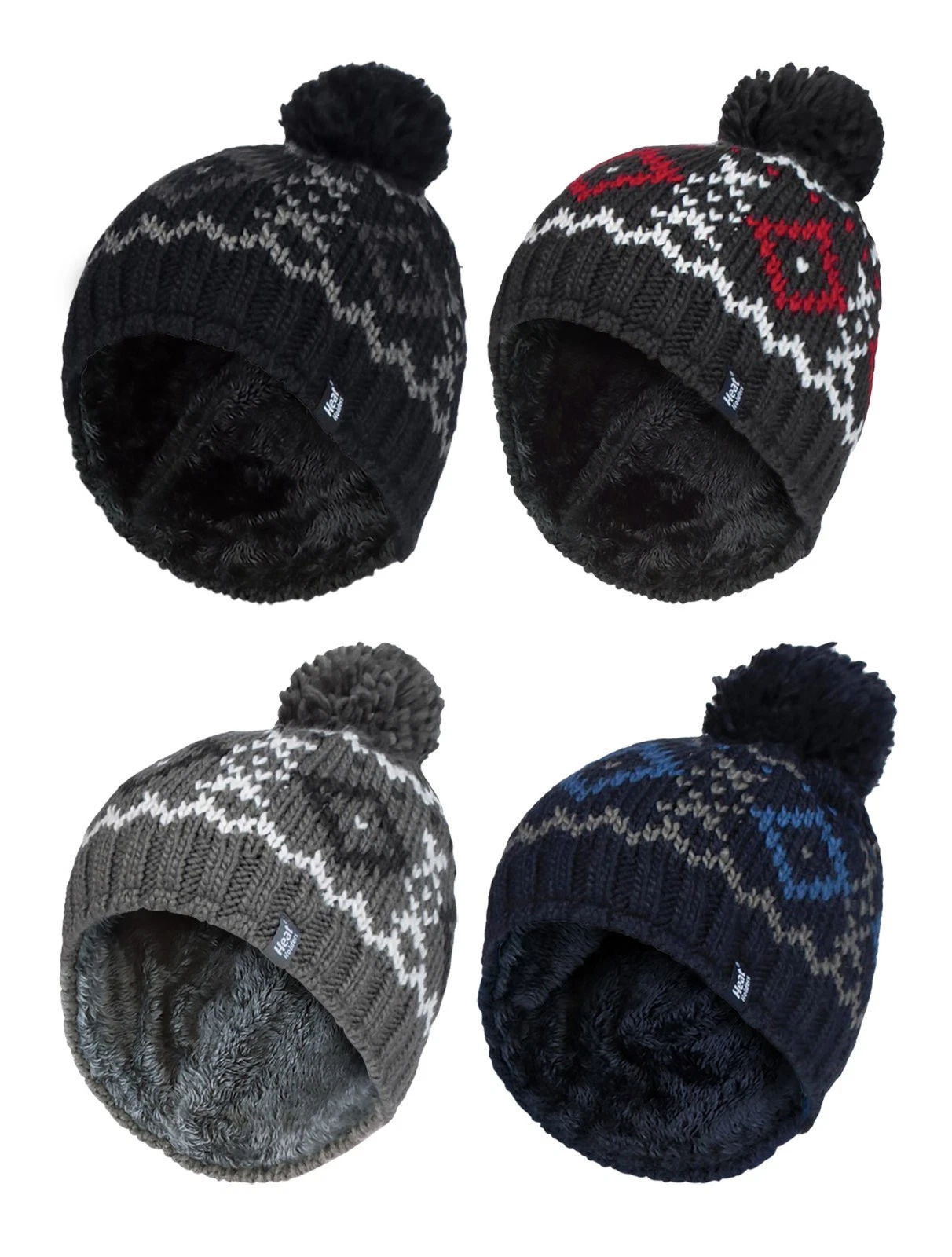 Heat Holders - Mens Fair Isle Fleece Lined Warm Knit Thermal Bobble Pom Pom Hat