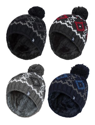 Heat Holders - Herren Fair Isle Fleece gefüttert warm Strick Thermo Bommel Bommel Mütze