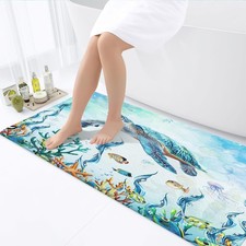 Sea Turtle Blue Bathroom Rugs, Nautical Animals Sea World Bath Rugs, Cute Tur...