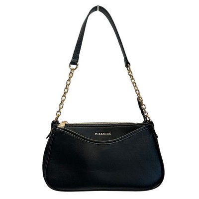 Black Shoulder Bag Mini Baguette Purse Vegan Leather Gold Chain Zip NEW Missnine