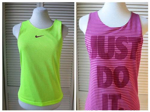 2 In 1 NIKE SMALL "Just Do It" Pink Striped NEON Yellow Mesh "SWOOSH" Tank Top - Picture 1 of 5
