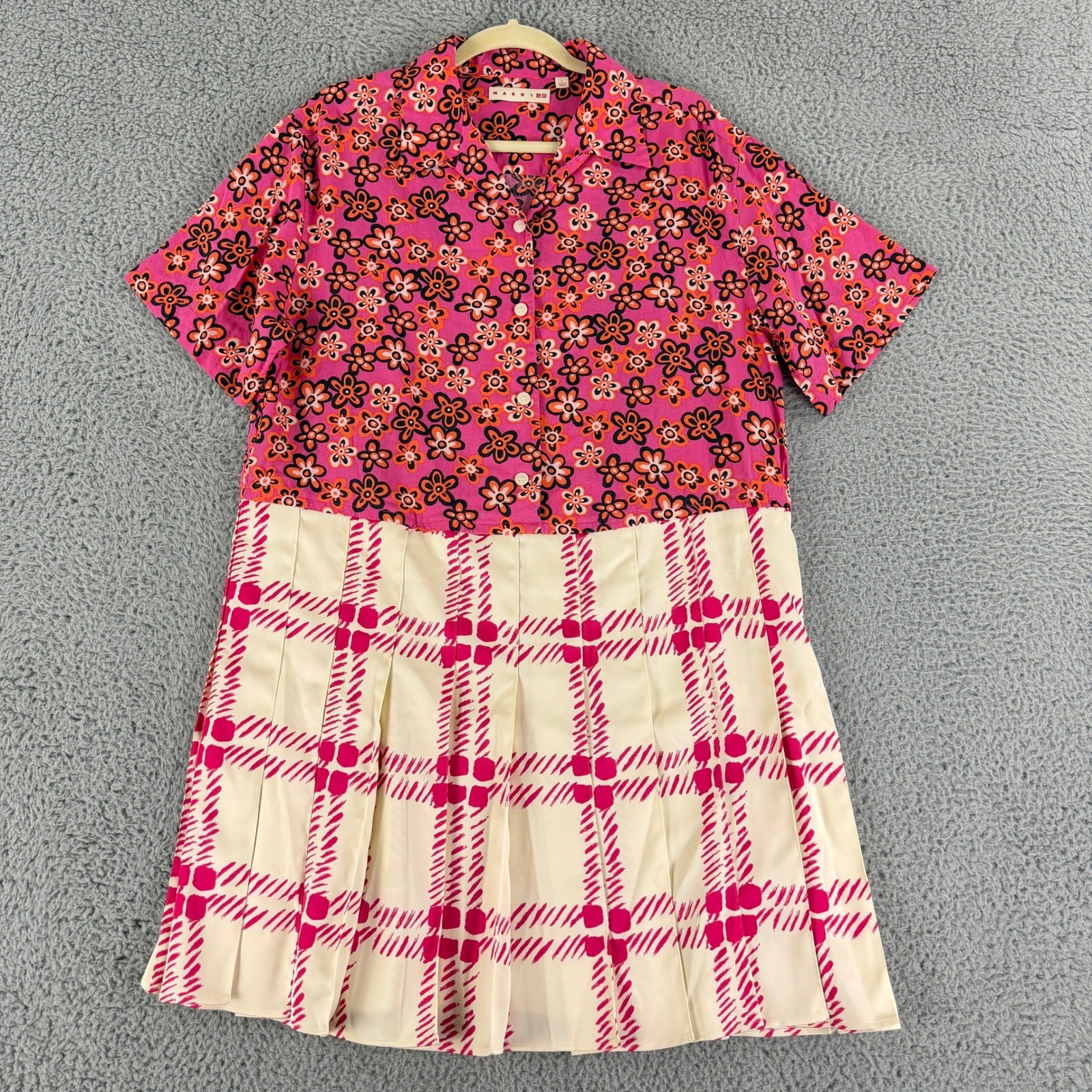 Marni x Uniqlo Shirt Dress Women's Large Pink Floral Plaid Pleated Short Sleeve