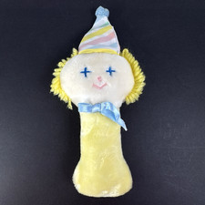 Vtg Eden Plush Circus Clown Rattle Yellow Pastel Stripe Hat Yarn Hair  Blue Bow