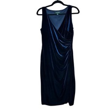 Lauren Ralph Lauren Velvet Dress Wrap Blue Sleeveless Ruched Cocktail Whimsical