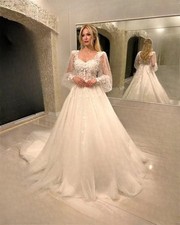 Boho Long Puff Sleeves Wedding Dresses Lace Appliques ALine Beach Bridal Gowns