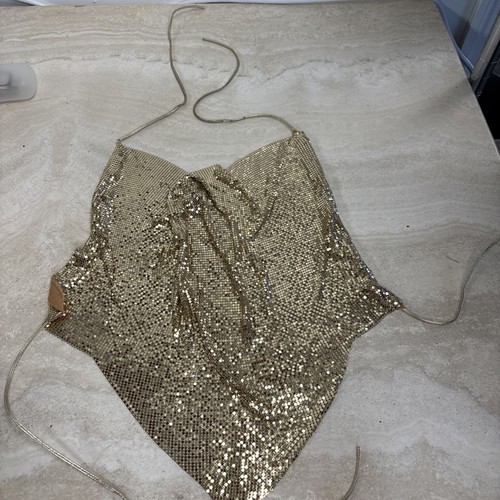 Vintage RARE 1970s Whiting & Davis gold mesh tie back neck halter - Picture 3 of 8