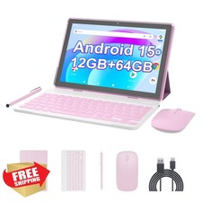 Android 15 Tablet 10" Pink 2in1 Keyboard Stylus 12GB RAM 64GB ROM