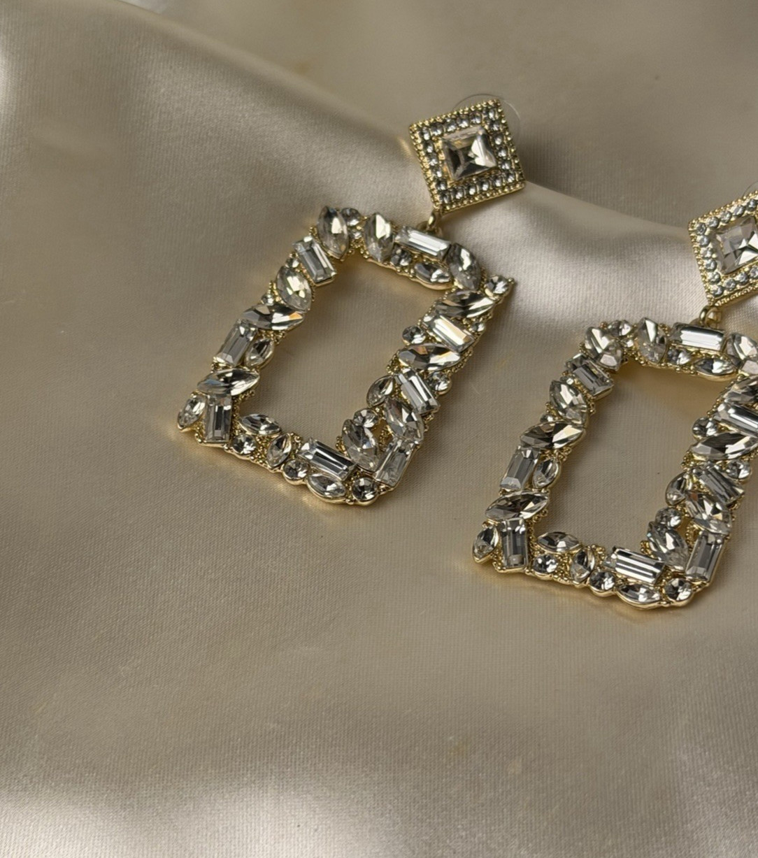 Gold Tone Rectangular Rhinestone Drop Earrings – … - image 19