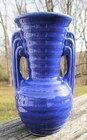 Vintage Pottery Ringed Banded Double Handle Deco Vase Cobalt Blue 5" Tall USA