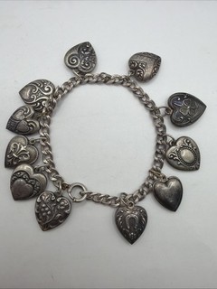 Vintage 925 Sterling Silver WWII Era Puffy Heart Charm Bracelet 21.35g