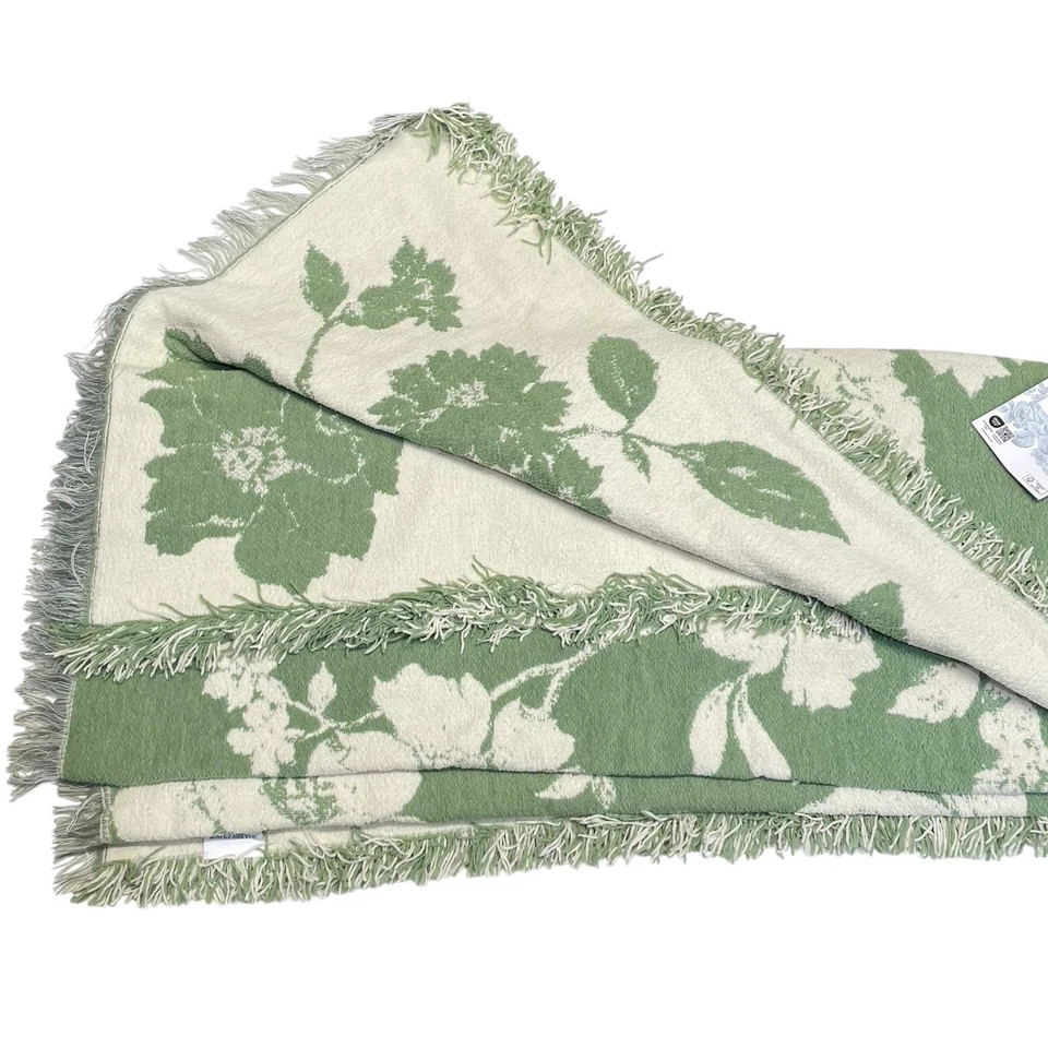 Shabby Chic Decorative Throw Blanket Reversible Green Ivory Floral Fringed Hem - Image 3 of 4