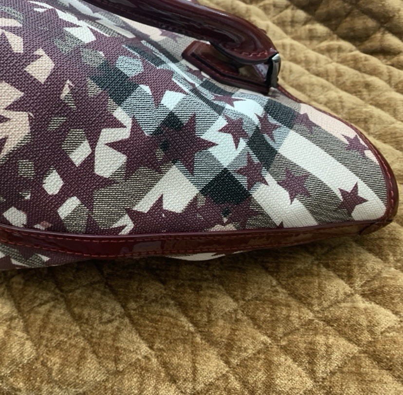 Burberry Star Print Checkered Patent Leather Trim Burgundy Tote Bag thumbnail 5