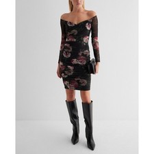 NWT Express Body Contour Mesh Floral Off The Shoulder Ruched Mini Dress Size S
