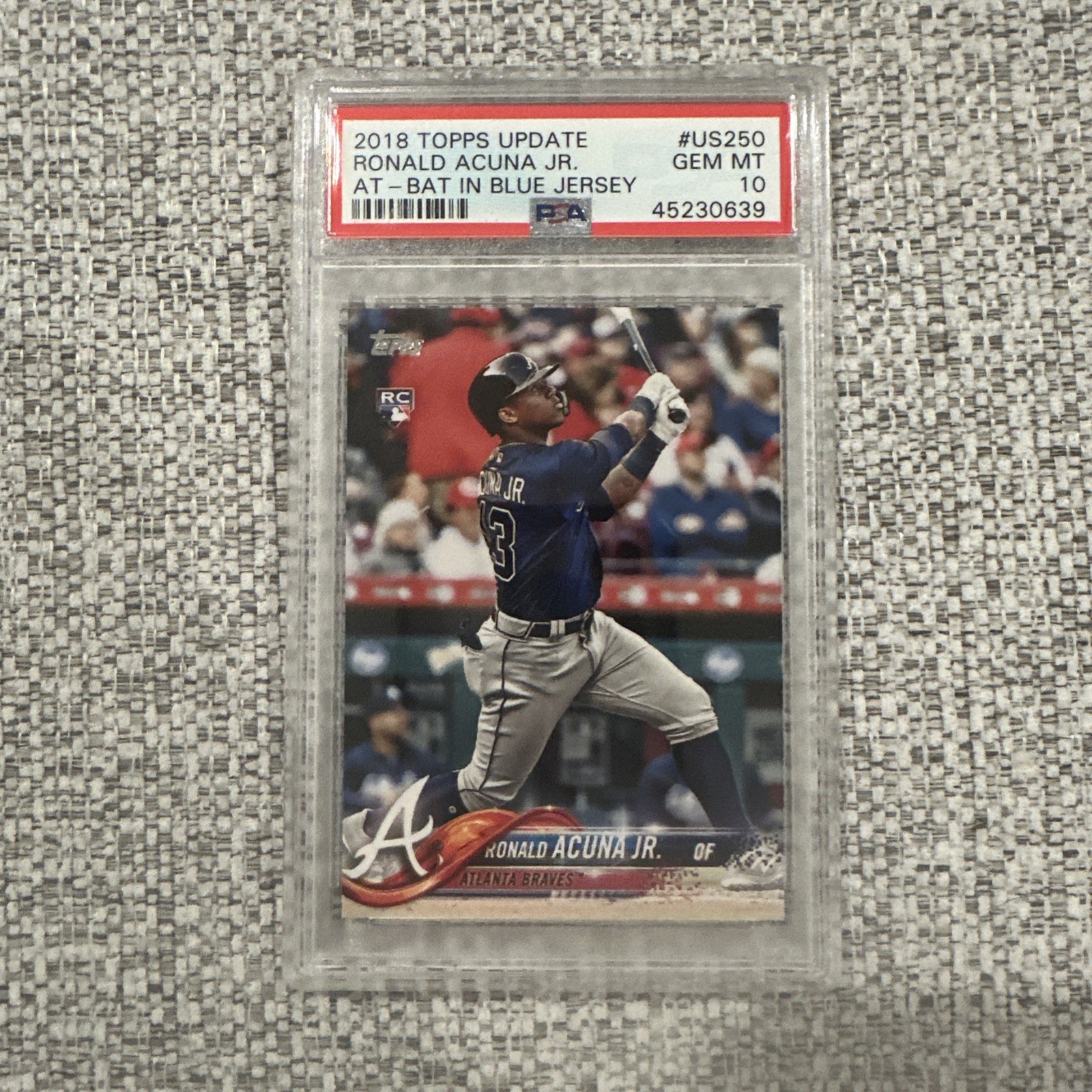 2018 Topps Update #US250 Ronald Acuna Jr At Bat In Blue Jersey RC Rookie PSA 10 view 1