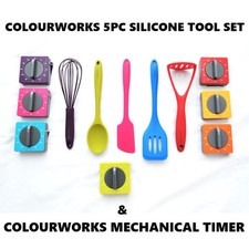 COLOURWORKS 5 PIECE SILICONE UTENSIL TOOL SET & MECHANICAL TIMER